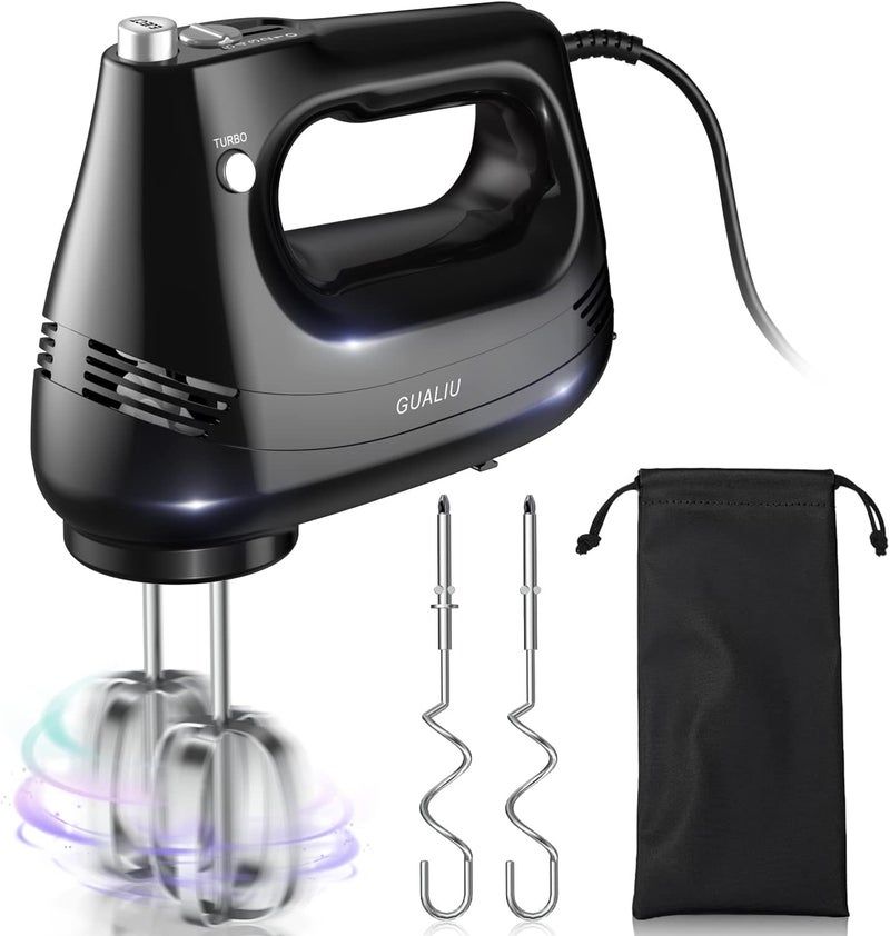 GUALIU Electric Hand Mixer with Stainless Steel Whisk, Dough Hook Attachment and Storage Bag, Handheld Mixer for Baking Cakes, Eggs, Cream Food Mixers. Turbo Boost /5 Speed Kitchen Blender - Image 1